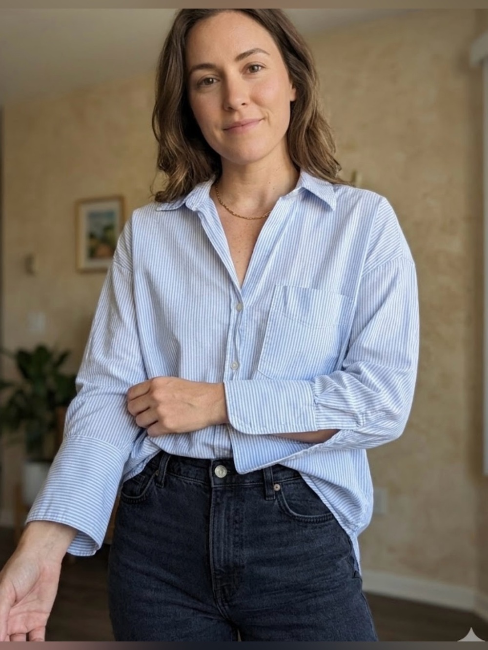 Zara Light Blue and White Striped Shirt